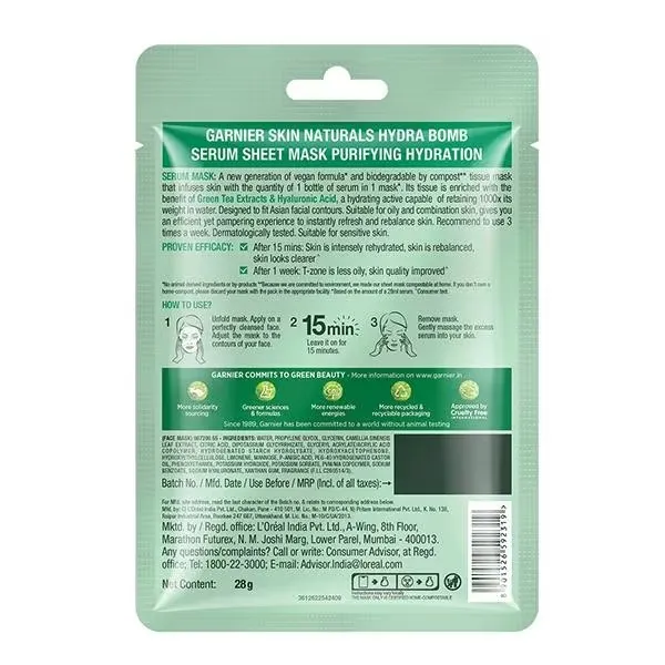 Garnier Skin Hydra Bomb Green Tea Serum Face Mask 1
